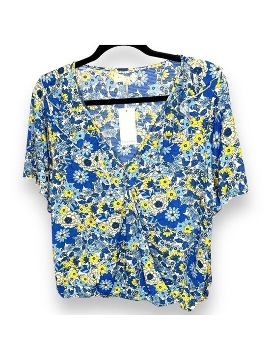 MELLODAY Tops - NWT Melloday Blue Yellow Floral Ruffle Top - Size Large